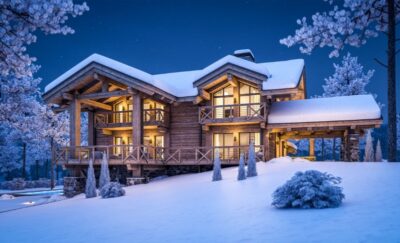 3d rendering of modern cozy chalet in winter night